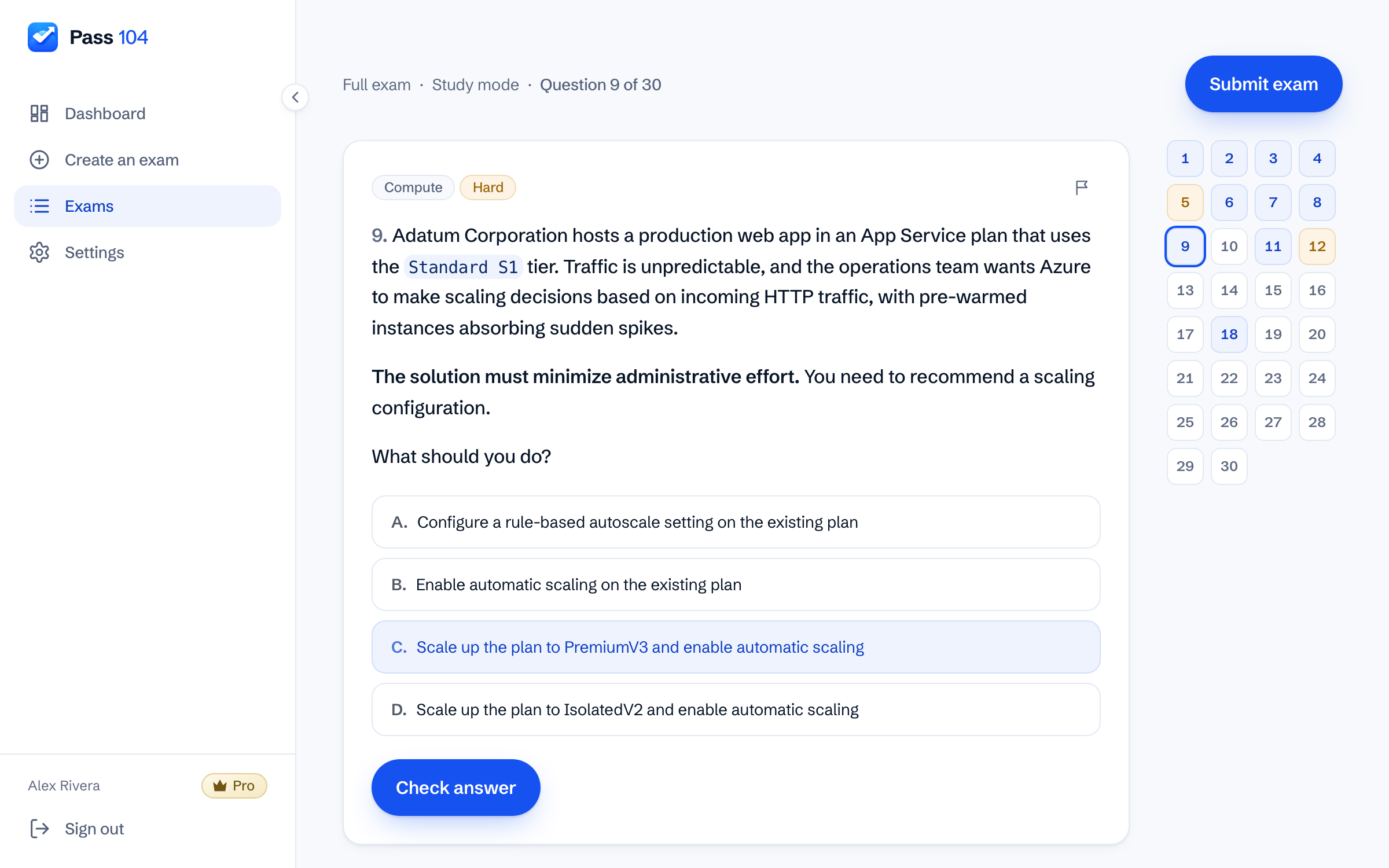 The Pass 104 exam engine part-way through a session: an AZ-104 scenario question with four answer options, the question navigator beside it, and the position marked as question 9 of 30.
